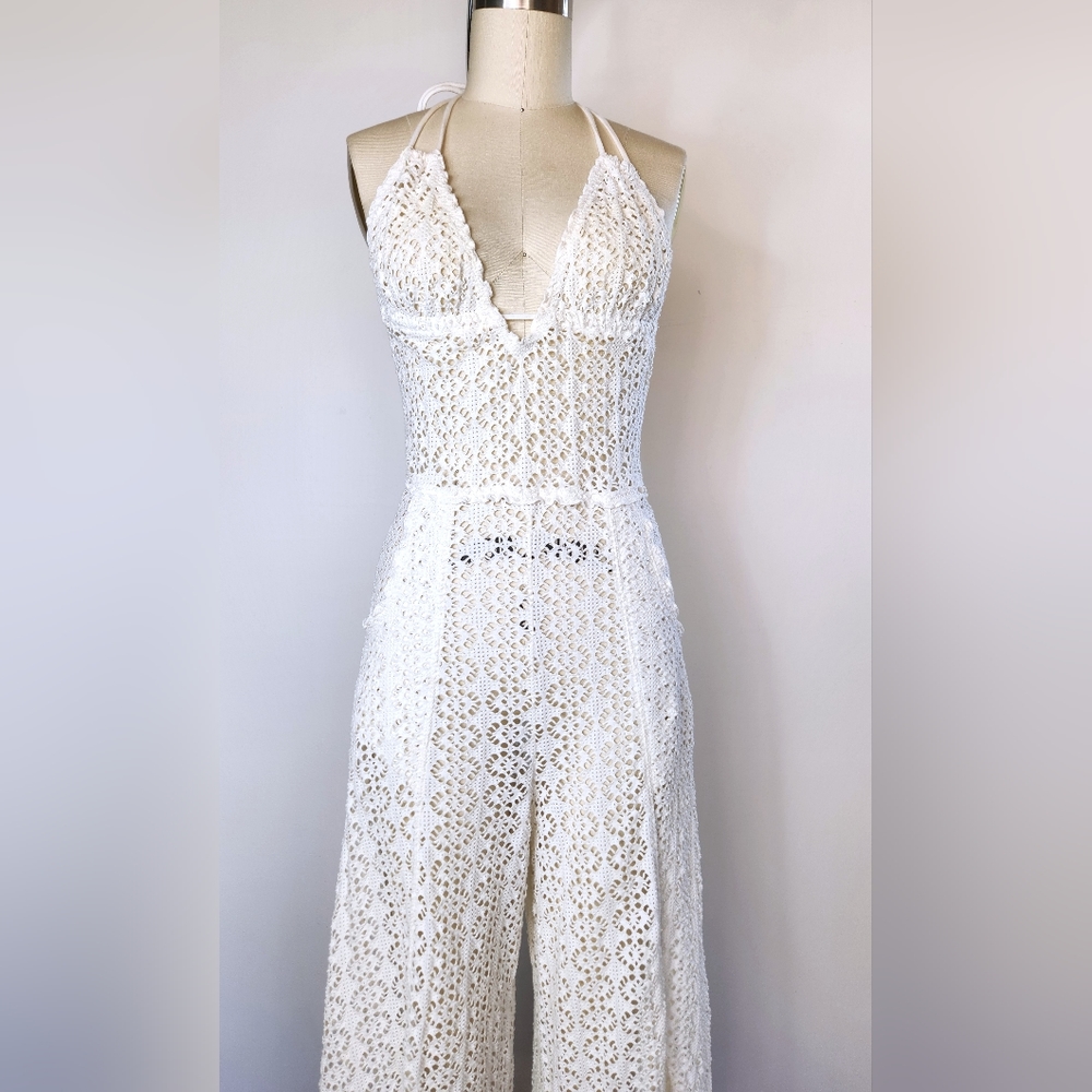 Free People Lace Ivory Jumpsuit Halter See Through Pockets Wide Legs w/ Slits S - Picture 9 of 15